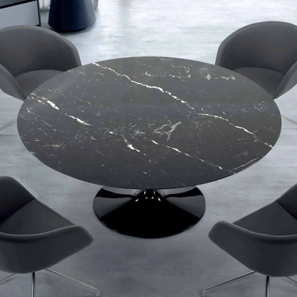 Modern Round Table in Carrara Marble and Marquinia Made in Italy - Dollars Viadurini
