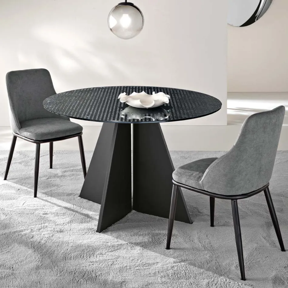 Round Table in Back-Silvered Striped Glass in Two Sizes Made in Italy - Armon Viadurini