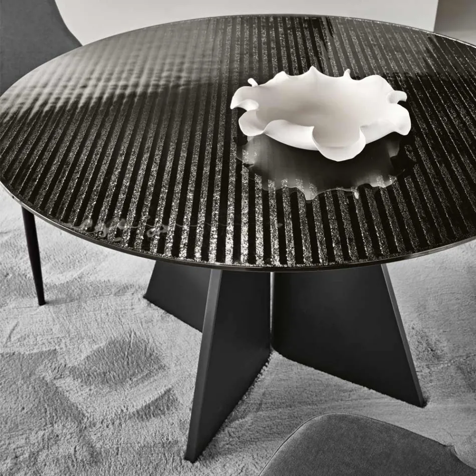 Round Table in Back-Silvered Striped Glass in Two Sizes Made in Italy - Armon Viadurini