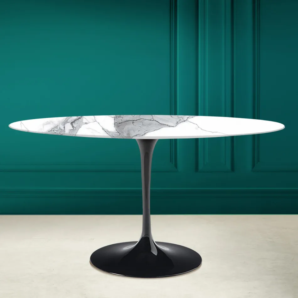 Tulip Table Eero Saarinen H 73 Oval in Statuario Altissimo Ceramic Made in Italy - Scarlet Viadurini