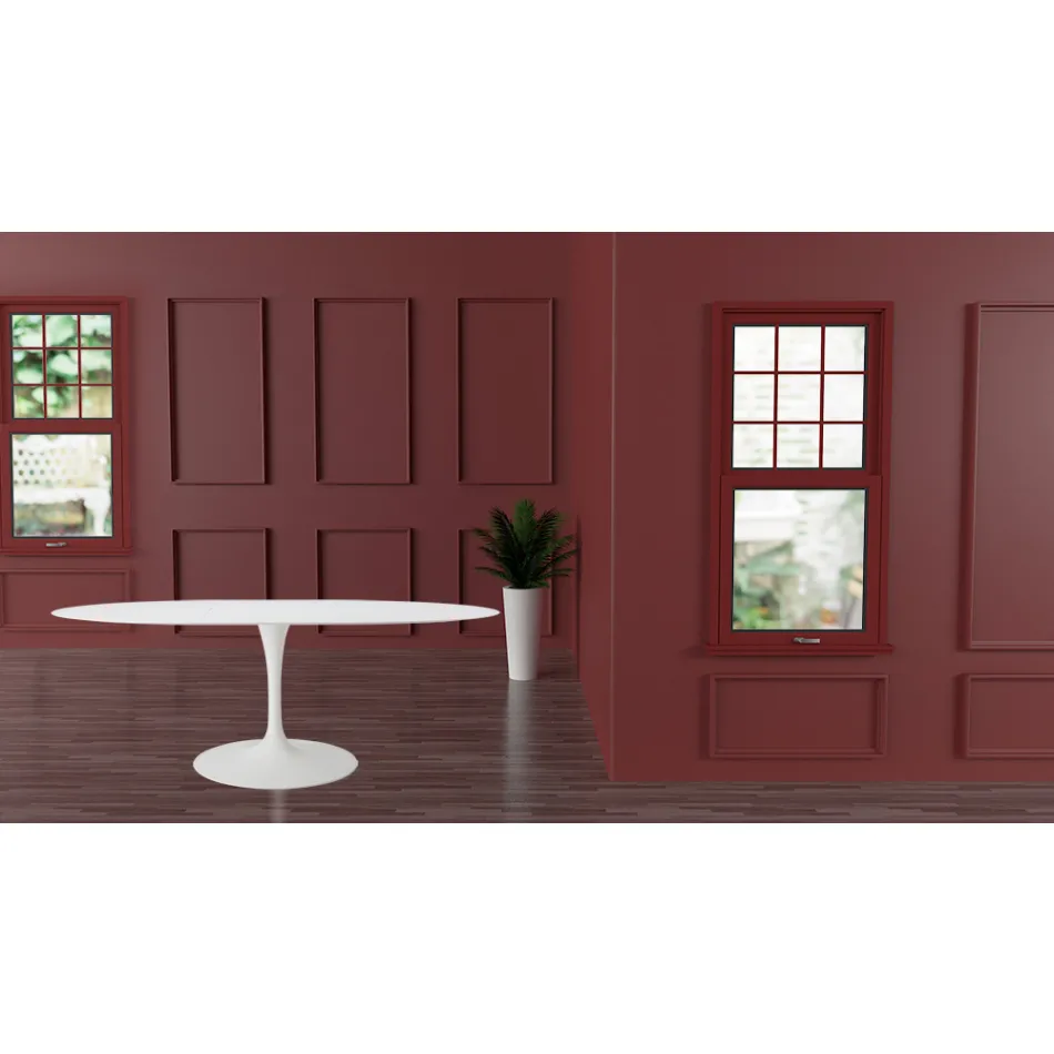 Tulip Table Eero Sarinen H 73 Oval Extendable in White Liquid Laminate - Scarlet Viadurini