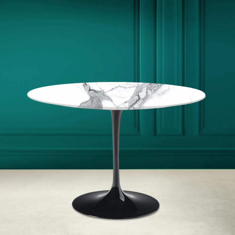 Tulip Table Saarinen H 73 Round Ceramic Statuario Altissimo Made in Italy - Scarlet Viadurini