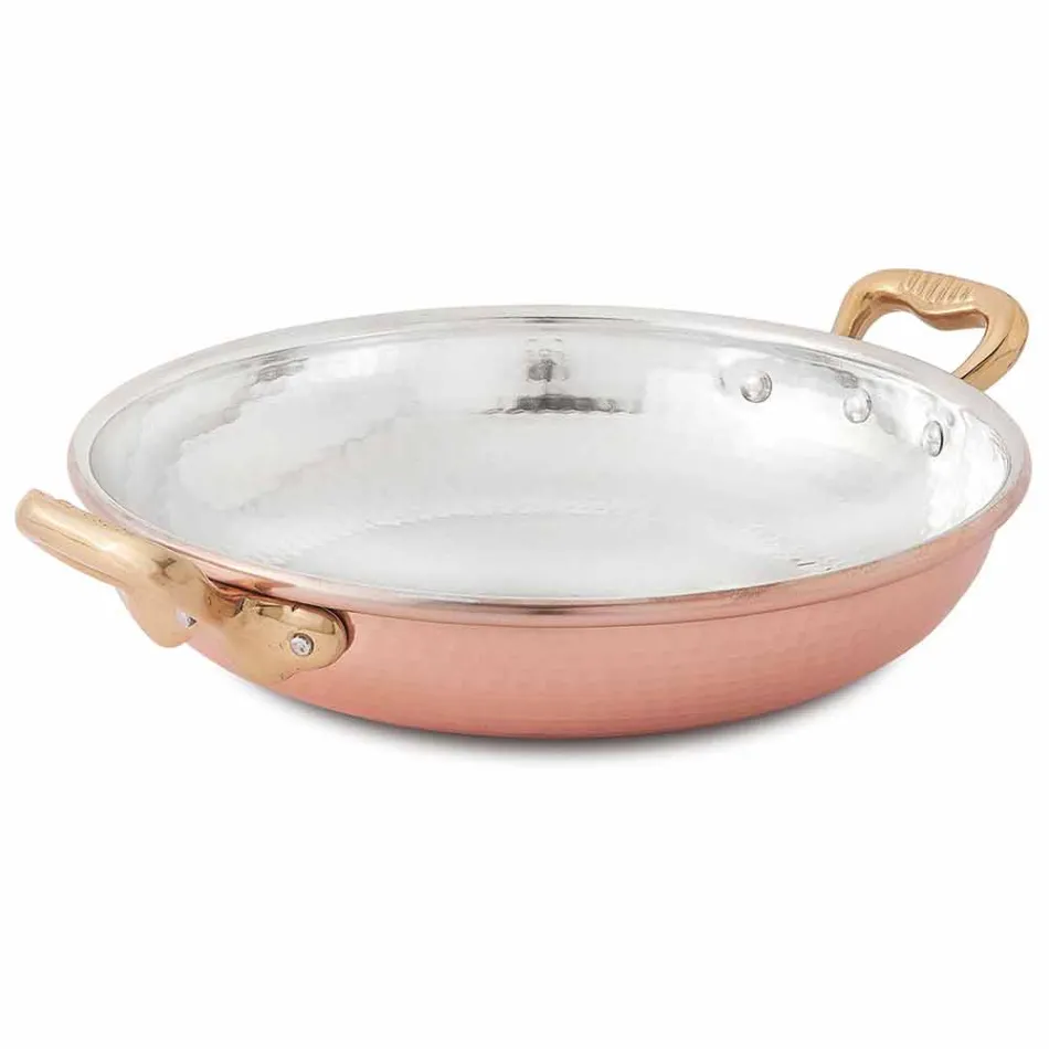 Round Hand Tinned Copper Pan 2 Handles and Lid 32 cm - Giangiorgio Viadurini