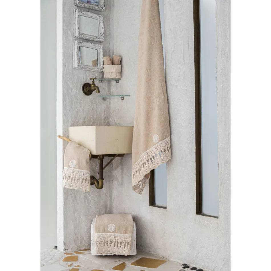 Italian Luxury Cotton Terry Bath Towel with Tassel Lace - Arafico Viadurini