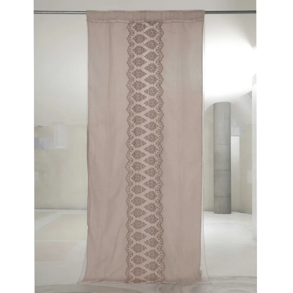 Light Linen Curtain with Organza and Gothic Embroidery in the Luxury Center - Marinella Viadurini