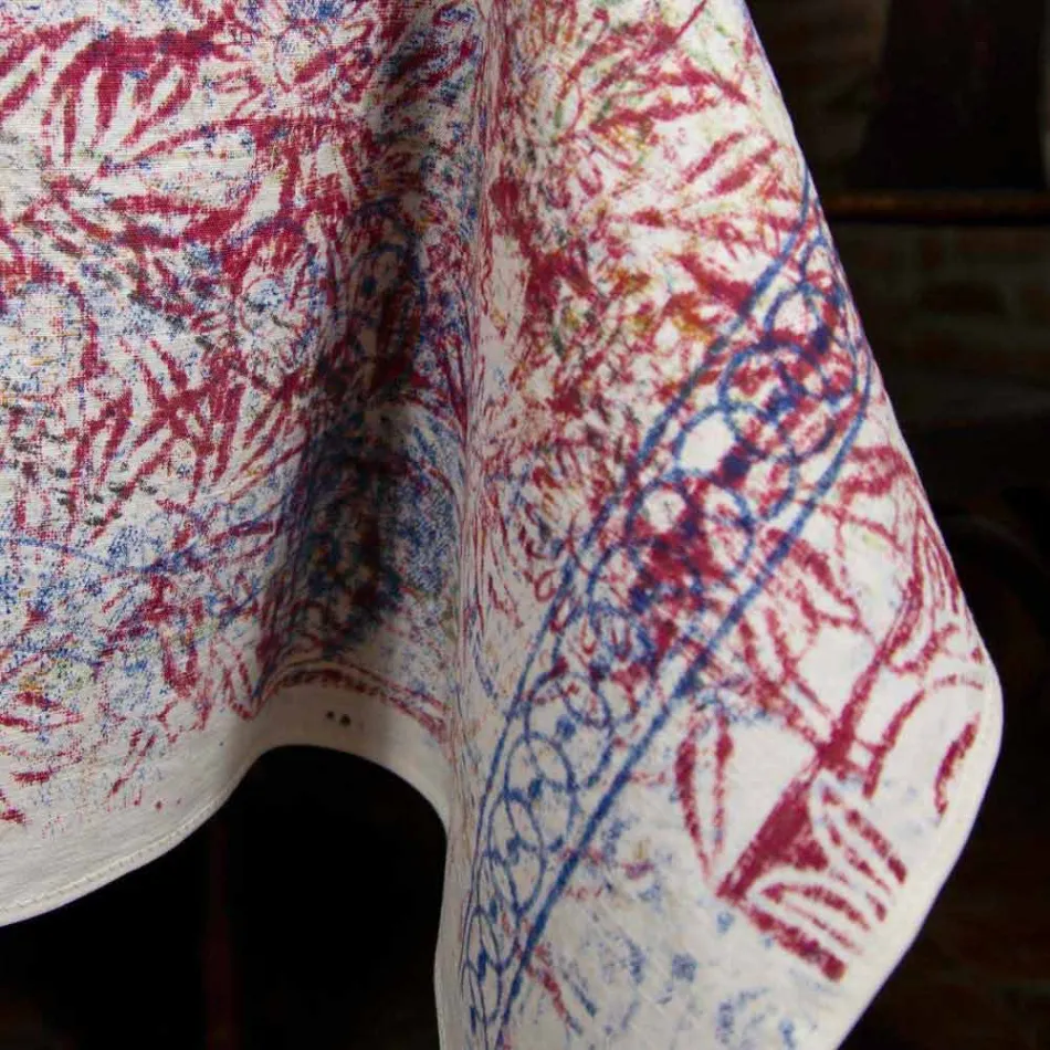 Tablecloth of Italian Art with Hand Printed Cotton One Piece - Brands Viadurini