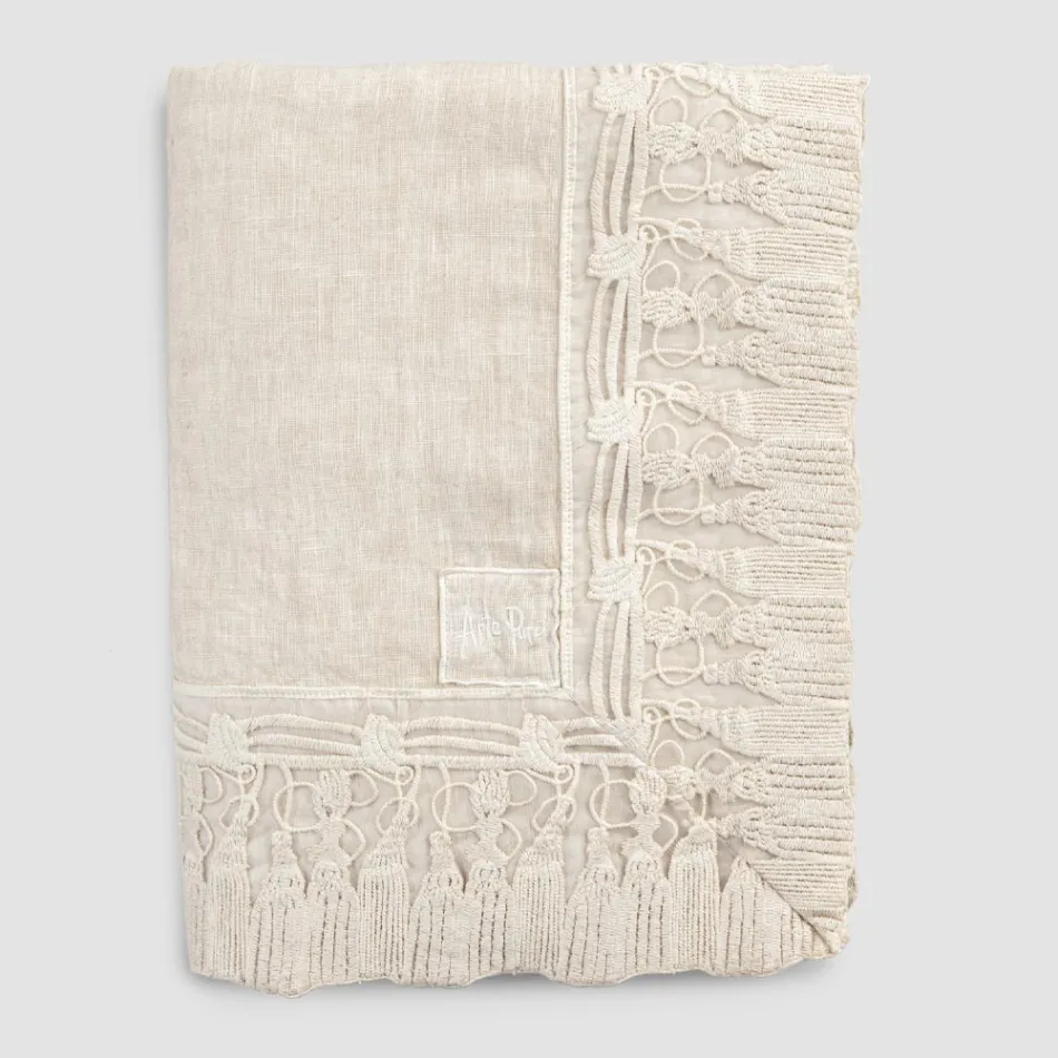 Rectangular Beige Linen Tablecloth with Luxury Tassel Lace Frame - Zippel Viadurini
