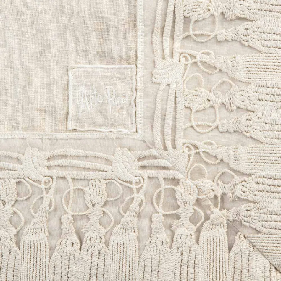 Rectangular Beige Linen Tablecloth with Luxury Tassel Lace Frame - Zippel Viadurini