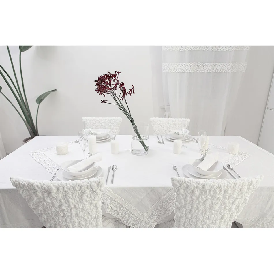 Luxury White Rectangular Linen Tablecloth with Frame or Lace - Davinci Viadurini