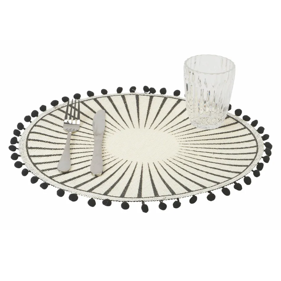 Round Breakfast Placemat in Jute with Black Pom Poms 12 Pieces - Casside Viadurini