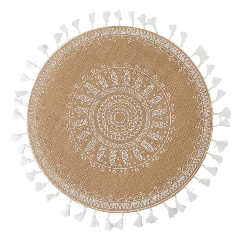 Round Breakfast Placemat in Jute and 3 White Decorations 12 Pcs - Cassiode Viadurini