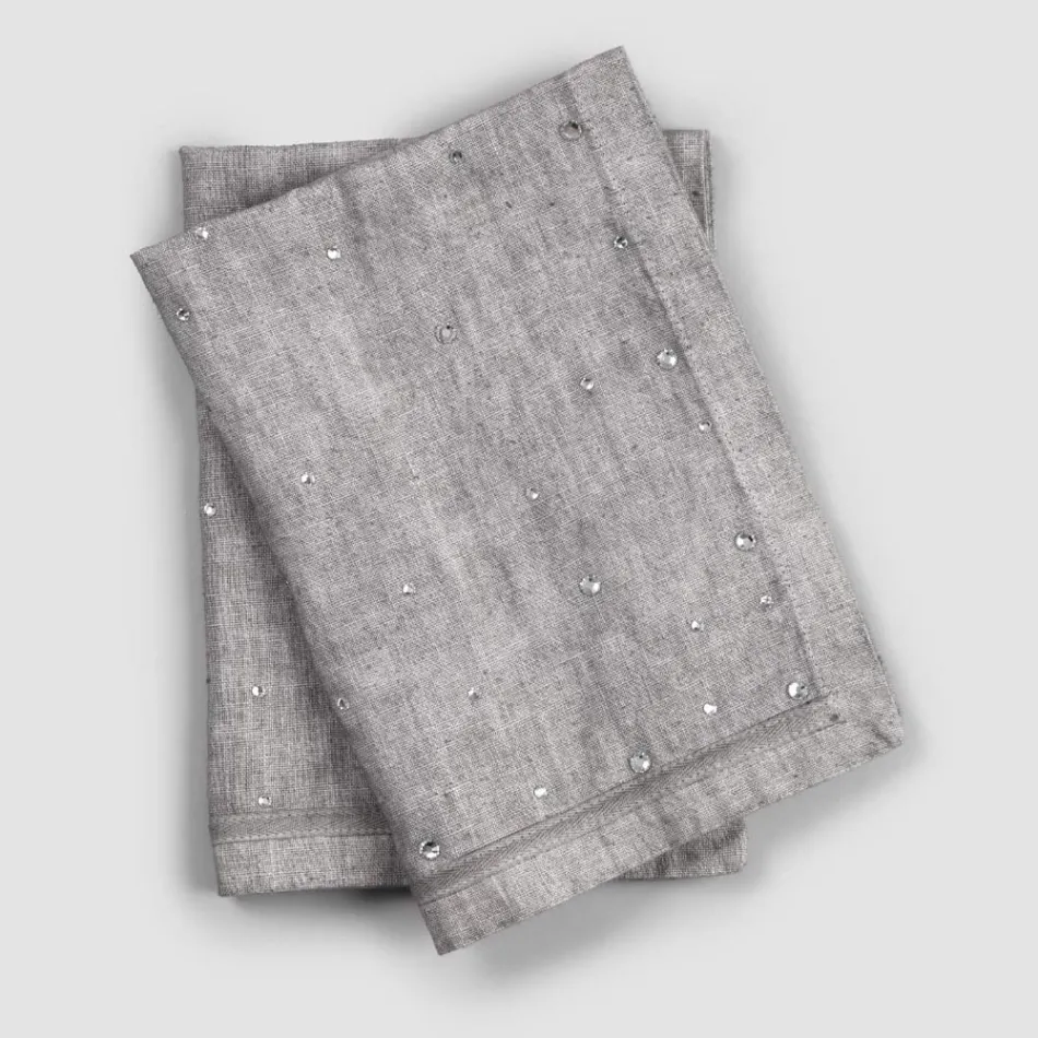 Breakfast Placemats in Gray Linen with Crystals 2 Pieces - Macanno Viadurini