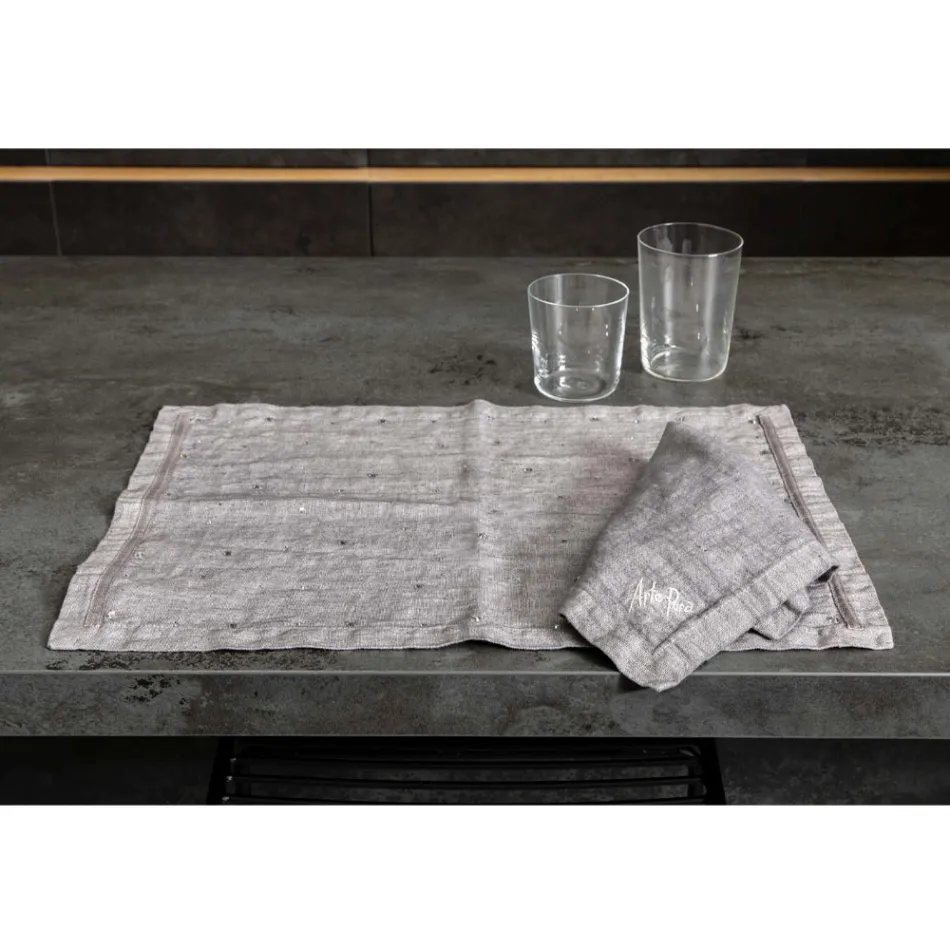 Breakfast Placemats in Gray Linen with Crystals 2 Pieces - Macanno Viadurini