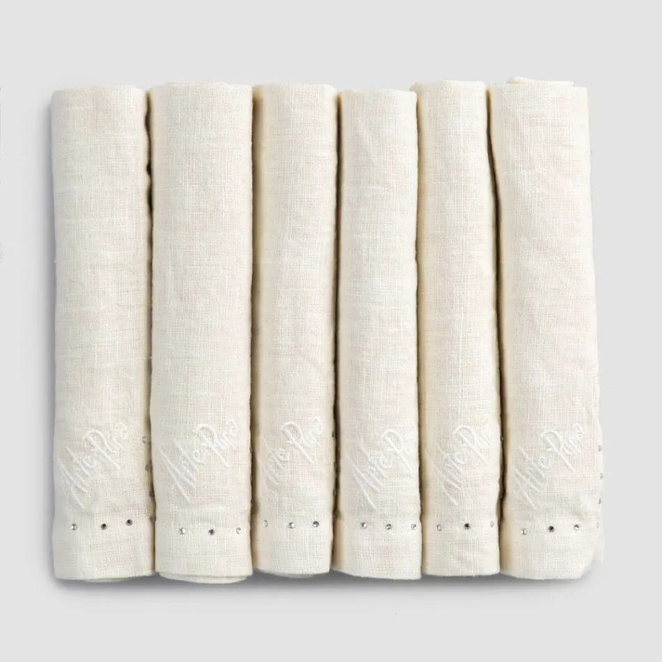 Linen Napkins with Black or Butter Crystals, 6 Pieces Italian Luxury - Prezio Viadurini