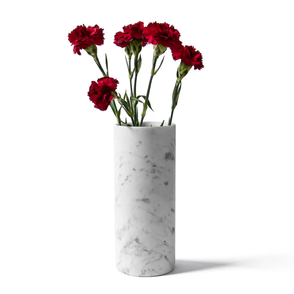 Cylindrical Vase in Satin White Carrara Marble Italian Design - Murillo Viadurini
