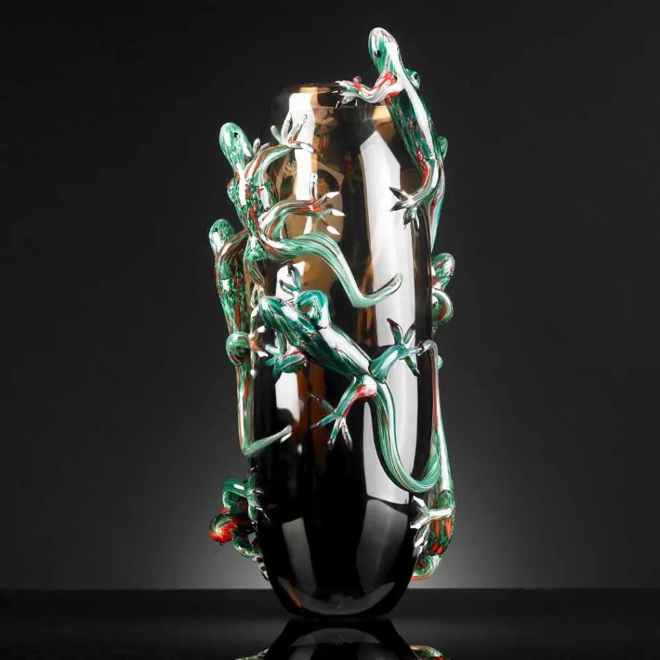 Handmade Indoor Vase in Colored Glass with Geckos Made in Italy - Geco Viadurini