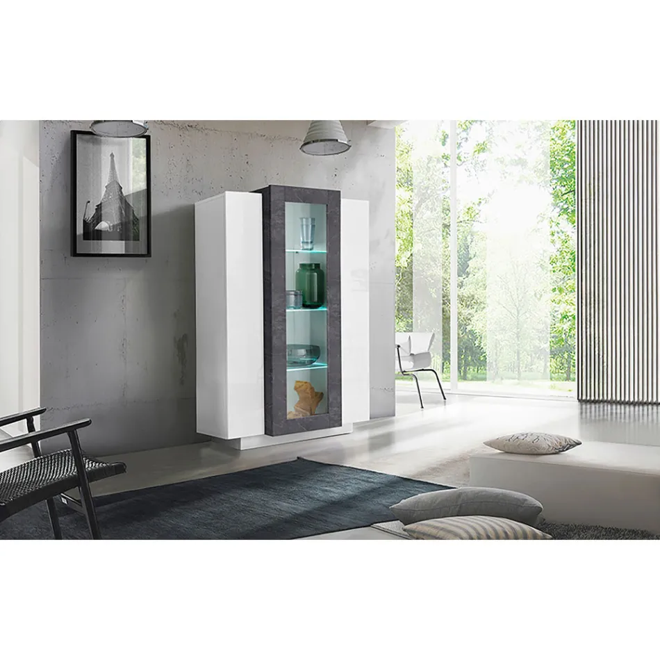 Showcase 3 Doors Living Room White and Anthracite Wood, Cement or Maple - Therese Viadurini